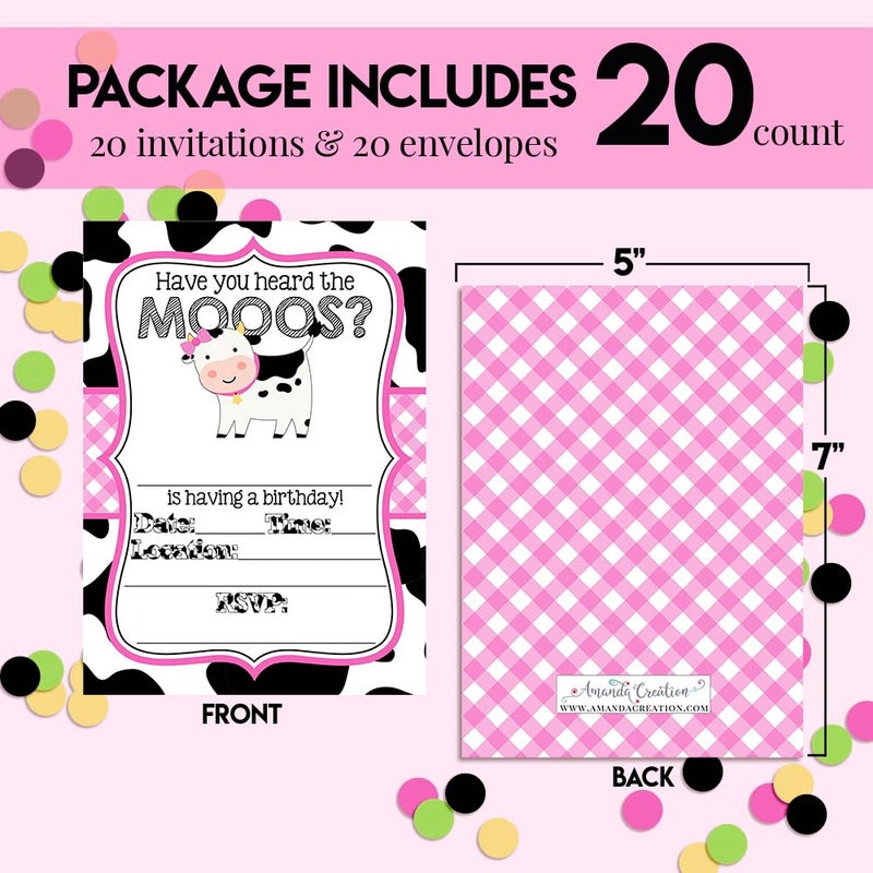 Amanda Creation Heard the Moos Pink Cow-Themed Birthday Party Invitations for Kids, 20 5x7 Fill In Cards with Twenty White Envelopes by AmandaCreation - Image 5